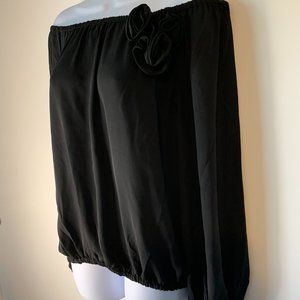 CeCe Chiffon Puff Sleeve Top + Rosette Detail Black Size M